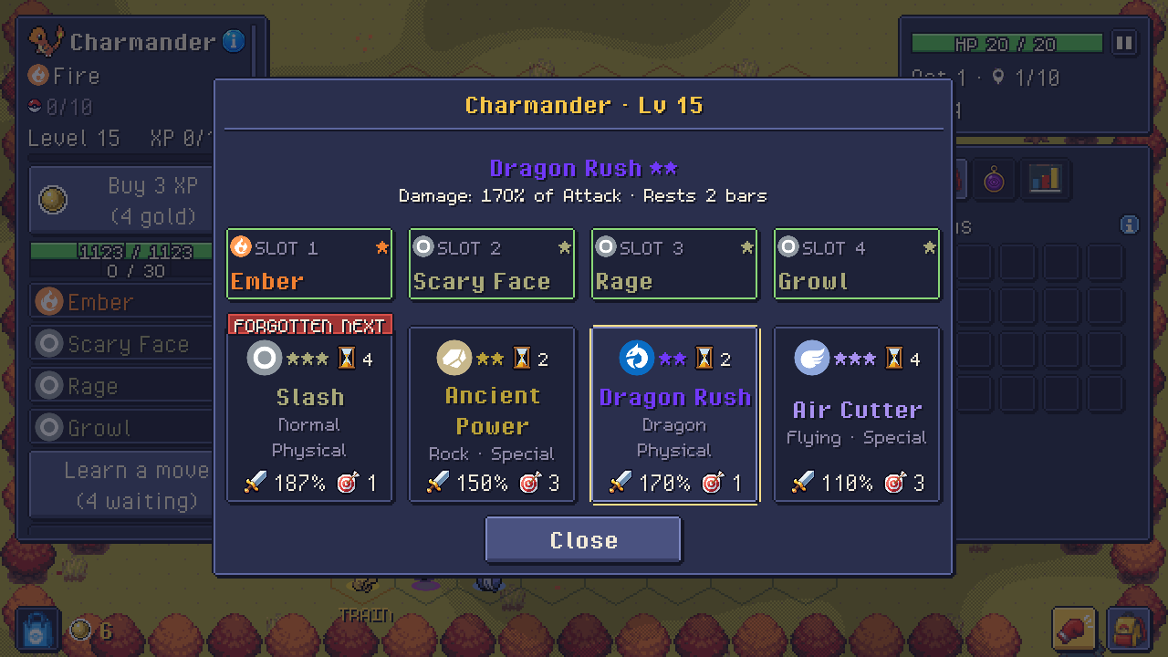 The learn window: Charmander's four move slots over the moves it can learn next